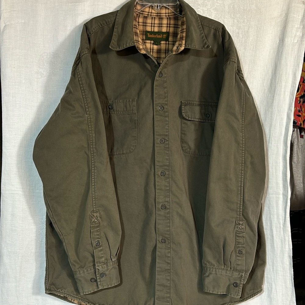 Timberland Men’s shirt jacket size L flannel lined button chore work heavy olive